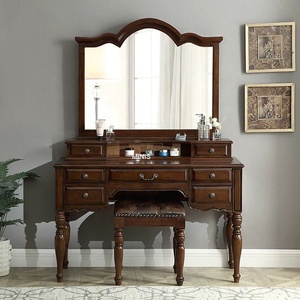 Mesa de Maquillaje Vintage de <span class=keywords><strong>Madera</strong></span> Maciza de Roble Marrón con Tapa de Cristal y <span class=keywords><strong>Taburete</strong></span> para Apartamento, Hotel o Dormitorio - Product Image 1