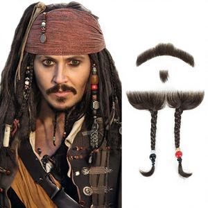 Barba de Pirata <span class=keywords><strong>con</strong></span> <span class=keywords><strong>Bigote</strong></span> Trenzado, Encaje Completo, Cabello Humano Real, Barba Realista para Hombres, Barba Falsa para Fiestas de Halloween - Product Image 1