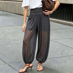 Women's <b>Summer</b> Sheer Mesh Sporty Wide Leg <b>Pants</b> Anti-Exposure Built-in Shorts Lining Elastic Ruched Breathable Quick Dry - Product Image 3
