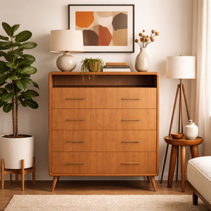 Commode haute minimaliste en bois avec 6 tiroirs, commode de chambre à coucher de style moderne du milieu du siècle, meuble de rangement vertical pour la maison - Product Image 1