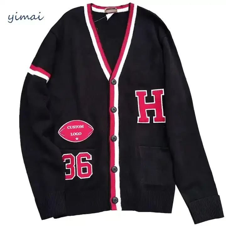 Logotipo personalizado Algodón Lana Mezclas Béisbol Botón Hombre Bolsillos Cachemira Punto Hombres Letterman Cardigan Suéter