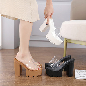 Women's Heeled Sandals 13cm Super High Heel Thick Bottom Waterproof Platform Transparent Adhesive <b>Slide</b> New - Product Image 4