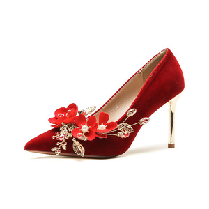 <b>Red</b> Velvet Stiletto <b>Heels</b> With Flower Embellishment For Wedding Bridal Shoes Pointed Toe High <b>Heel</b> <b>Women</b> Elegant Style 8777H-147 - Product Image 5