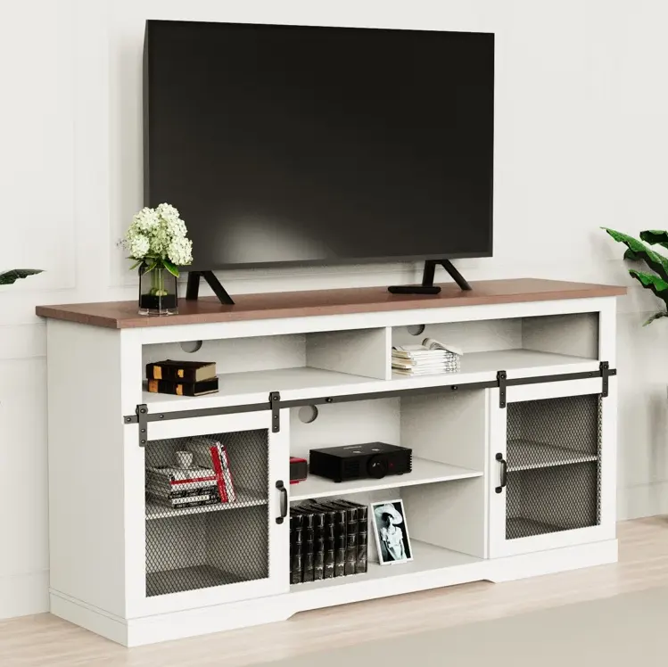 Mesa de tablero de partículas de madera, soporte de TV moderno, armario con puertas corredizas de Granero, malla de hierro, armario para sala de estar, mesa de consola