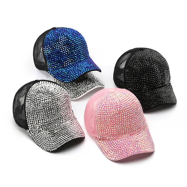 Topi bisbol pria, topi trucker berlian imitasi dapat diatur musim panas kain jaring olahraga luar ruangan modis desain cetak grosir Tiongkok