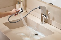 Robinet Mitigeur de Lavabo Contemporain Chromé à Poser sur Plan avec Douchette Extensible, Corps en Alliage de Zinc, Cartouche Céramique