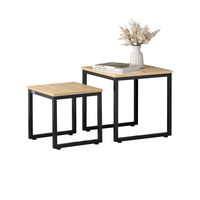 Juego de Mesas Auxiliares Cuadradas con Superficie de Madera y Estructura de Metal Negro, Dos Mesas, Mesa de Centro Minimalista para Sala de Estar