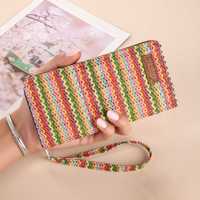 Dompet Panjang Warna Permen Manis Boho Dompet Anyaman Kapasitas Besar Tempat Kartu Dompet Uang Koin Tali Pergelangan Tangan Tas Clutch Resleting