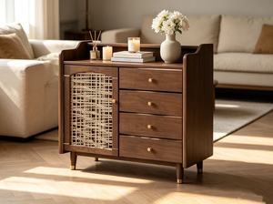 Midcentury Modern Solid Wood Living Room Cabinet with 4 <b>Drawers</b> and Woven Door <b>Storage</b> Furniture <b>for</b> Home Use - Product Image 2
