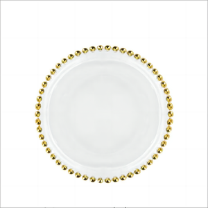 13 Inch Round Beaded Clear Glass Charger Plates With Gold Rims Wedding Dinnerwares