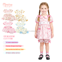 Vêtements pour enfants tendance, col Peter Pan, vêtements pour enfants smockés avec nœud, ensemble 2 pièces rose à imprimé nœud pour filles
