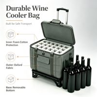 Refroidisseur à vin roulant OEM, refroidisseur à vin 12 bouteilles avec roues, glacière roulante d'extérieur avec doublure imperméable, poignée télescopique