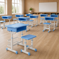 Ensemble de bureau et tabouret d'école réglables avec surface de travail en plastique, structure métallique et tiroir pour les écoles primaires et secondaires