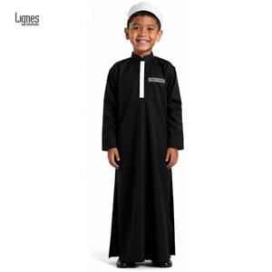 ثوب رجالي ولادي مغربي أسود من مزيج القطن مع جيوب، زي إسلامي متواضع على الطراز الدبي والتركي، ثوب مسلم للأولاد بالجملة - Product Image 1