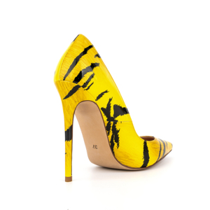 2023 패션 럭셔리 포인티 스틸레토 슈즈 섹시 하이힐 옐로우 3D 프린팅 타이거 패턴 얕은 입구 여성 펌프스 - Product Image 5