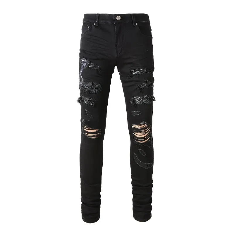 High-end embroidered new jeans men's European and American fashion brand hole-breaking casual stretch personalized trendy style