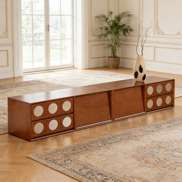 Mid Century Modern Solid Wood TV Stand with Round Handles & Sliding Doors for Home Living Room
