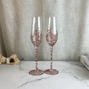 Taças de champanhe para casamento, copos feitos à mão em ouro rosa com estampa de cristal 200ml