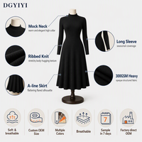 Robe midi pour femme en maille côtelée premium opaque 300 GSM, col montant, coupe trapèze, manches longues, élégante et confortable pour l'hiver, personnalisable avec logo OEM
