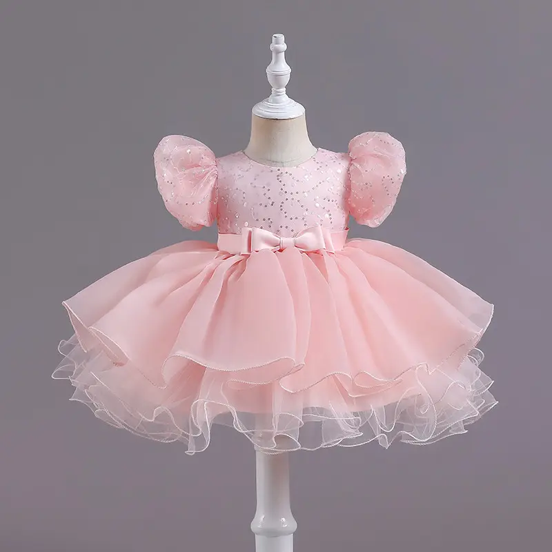 Dantel çiçek kızların fırfırlı elbiseler sıcak satış puf kollu abiye son tasarım kız bebek elbise yay kısa kollu pullu