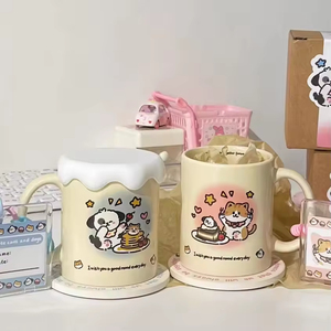 Taza de Agua de Cerámica con Tapa, Diseño Degradado Naranja, con Gatito y Cachorro Súper Lindos, Hecha a Mano, Duradera, 10 Piezas, Regalo de Cumpleaños de Alto Valor para Niñas - Product Image 2