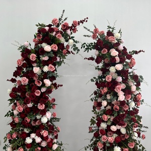 Arche demi-<span class=keywords><strong>lune</strong></span> en roses artificielles <span class=keywords><strong>bordeaux</strong></span> et rose poudré, réaliste, pour décoration florale de cérémonie de mariage, vente en gros directe usine - Product Image 3