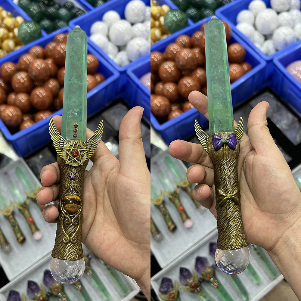 クリスタルナイフ天然水晶彫刻大きな蛍光石石英ポイント宝石剣