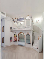 Lit superposé de princesse de style européen avec base secrète pour chambre de garçons, lit à deux étages avec escalier en colimaçon