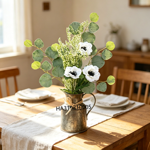 <span class=keywords><strong>Bouquet</strong></span> de fleurs artificielles réalistes, anémones blanches avec centres noirs, brindilles de verdure, eucalyptus pour vase, décoration de fête nuptiale - Product Image 1