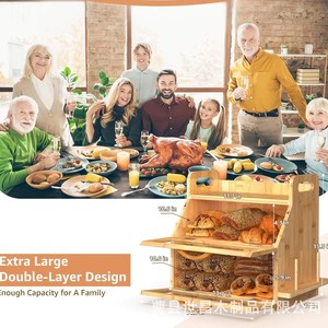 Bamboo Wood <b>Bread</b> Storage Box With <b>Knife</b> Holder Desktop Multi Layer Kitchen <b>Bread</b> Rack Large Capacity Wooden Lid Rectangle Shape - Product Image 2