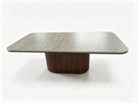 Table basse moderne à base cannelée, plateau en pierre frittée, placage en noyer MDF, rectangulaire, coins arrondis, pour salon ou restaurant