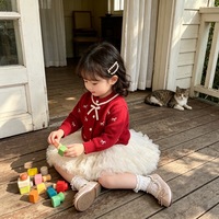 Cardigan en acrylique tricoté à manches longues pour filles, style coréen, avec nœud, tenue printemps-automne pour bébés et tout-petits, jupe tutu en tulle rouge