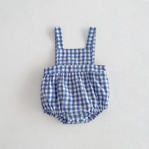 Printemps automne enfant en bas âge fille coton bleu barboteuse à carreaux couleur unie à manches longues haut bébé vêtements costume - Product Image 5