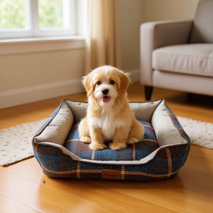 Set di Tre Cuscini Quadrati in Lino a Quadretti Blu per Animali Domestici - Product Image 3