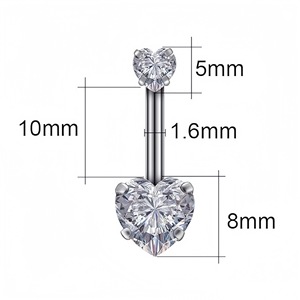 Anneau de nombril double tête en acier inoxydable, forme cœur, serti de diamants, bijoux de piercing tendance pour femme - Product Image 2