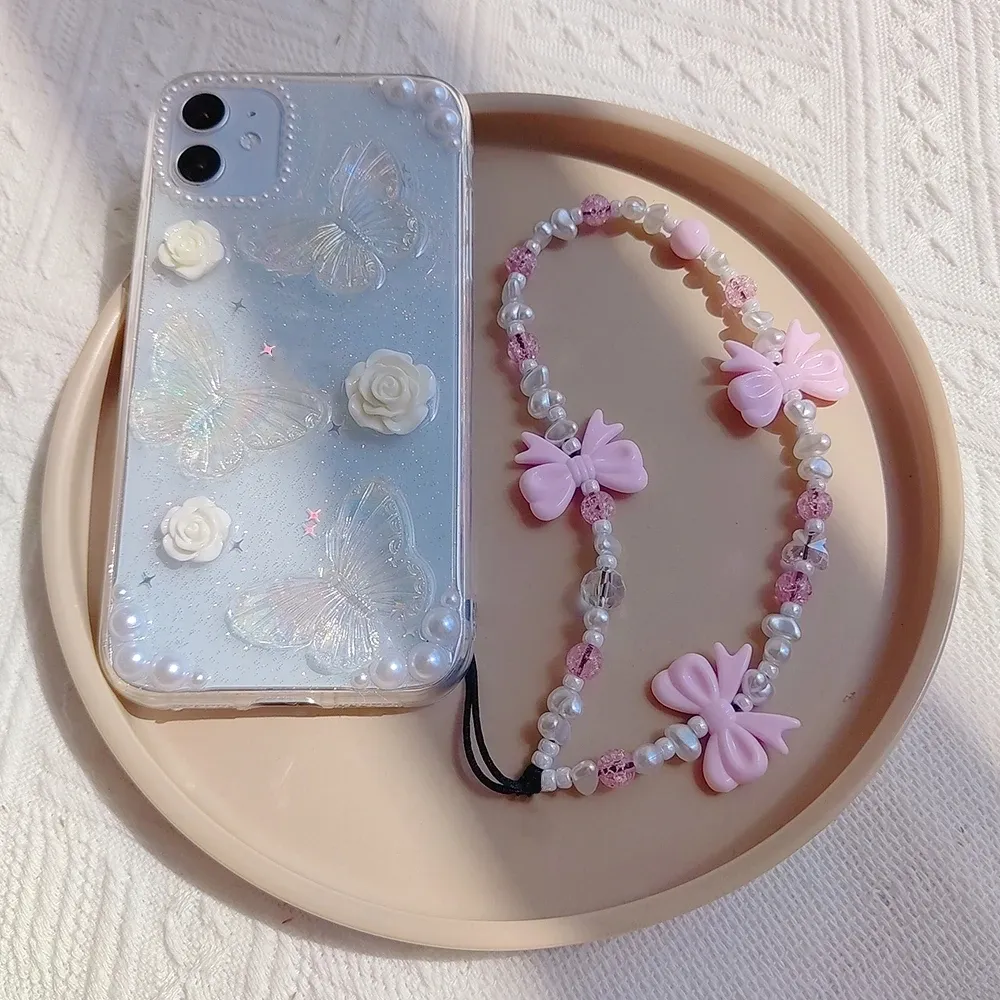 Accessoires Groothandel Koreaanse Mode Roze Strik Telefoon Charme Imitatie Parel Kralen Ketting Telefoonhoes Schattige Mobiele Bandjes