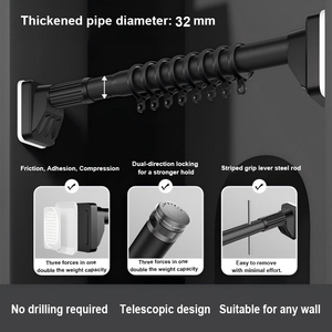 Séchoir télescopique noir en acier inoxydable de 33 mm, fixation murale sans perçage, porte-vêtements rétractable, tringle de présentation réglable - Product Image 1