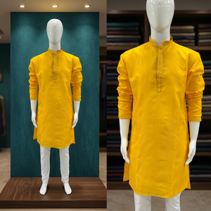 Haldi Spécial Jacquard Soie Avec Broderie Patti Kurta Jaune pour Homme pour Mariage Vêtements Ethniques en Vrac Quantité d'Inde - Product Image 3