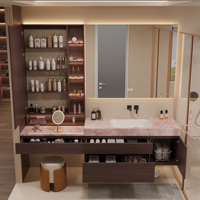 Meuble-lavabo flottant minimaliste en bois massif avec vasque en marbre et armoire miroir LED intelligente