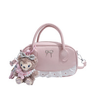 Sac à bandoulière mini en PU pour femme avec garniture en dentelle, poignée supérieure, design nœud mignon et breloque en peluche en option – Vente en gros