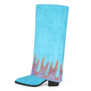 Bottines longues douces en suède avec superposition de petits diamants, bottes hautes pour femmes, bleu, talon épais, grande taille 45 - Product Image 1