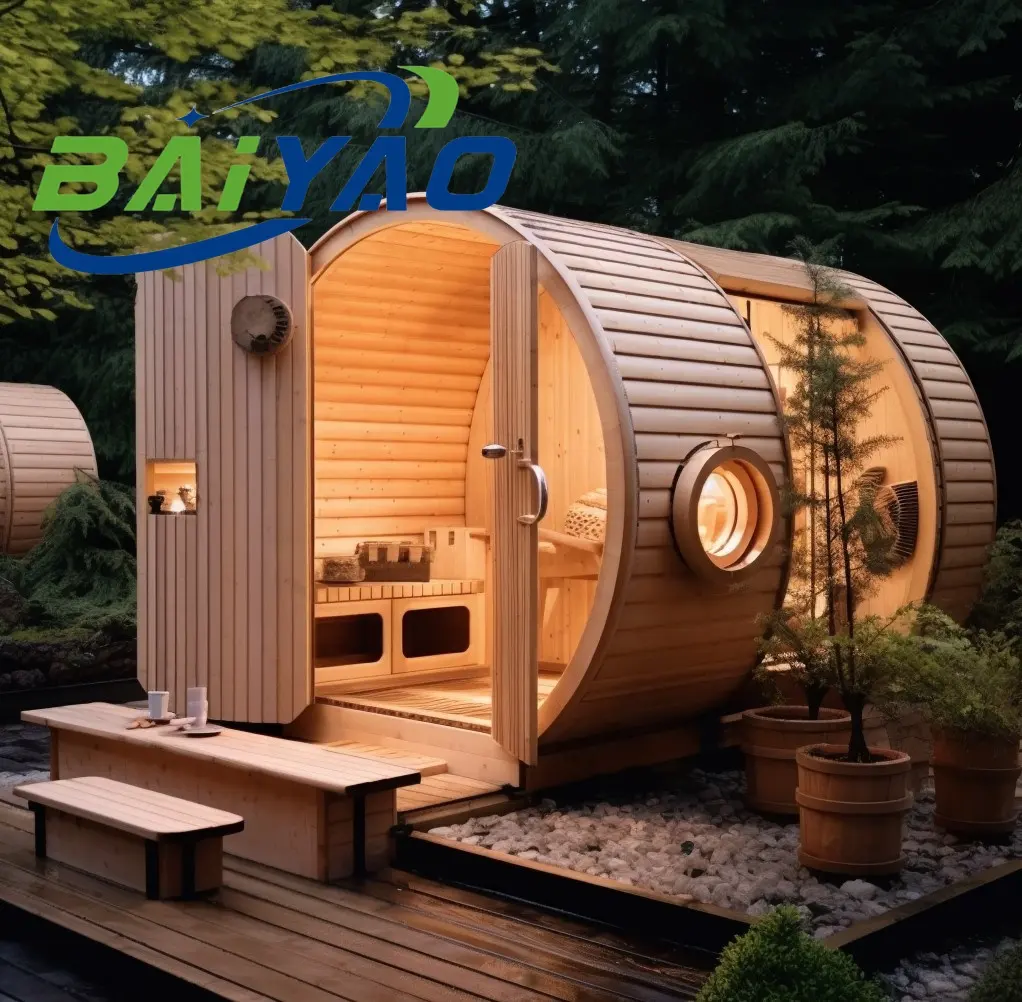 Baiyao Nieuwe Aangepaste Grootte Moderne Sauna Kamers Massief Hout Rood Ceder Traditionele Outdoor Hamam Sauna Kachel Rock Barrel Cabic