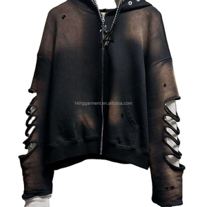 Custom Streetwear Cotton Heavyweight Acid Wash Hoodies Oversized Vintage Ripped Distressed double layer Waffle Hoodie for Men - Product Image 1