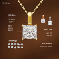 Collier pendentif haut de gamme tendance en or massif 14 carats avec moissanite taille princesse géométrique / diamant de laboratoire pour femme, personnalisation possible