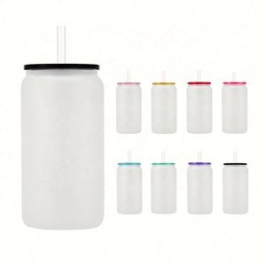 Gobelets et bocaux en verre dépoli transparent de 16 oz avec logo personnalisé, pour bière et jus, avec couvercles et pailles, sublimés, vente en gros - Product Image 1