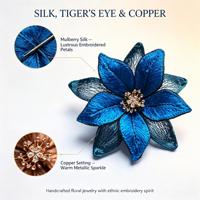 Bros Bordir Miao Jahitan Tangan Bunga Sutra Biru Safir Perhiasan Wanita Artisan Etnik Unik