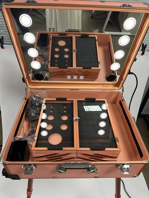 8LED Rolling Cosmetic Case with Mirror 24inch Large Salon Trolley 4-Wheel Portable Suitcase Travel Box