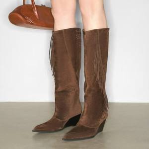 Stivali di Tendenza Personalizzati Retrò con <span class=keywords><strong>Zeppa</strong></span> da Donna, Nappe, Scamosciati, Punta Affusolata, Alti al Ginocchio - Product Image 6