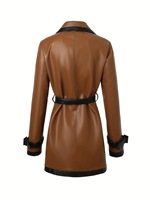 Veste en PU respirante mi-longue pour femme, col à revers avec ceinture, noir et marron unis, style unique, pour le commerce transfrontalier