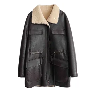 新款冬季中号深棕色女式保暖真皮羊皮拉绳皮大衣